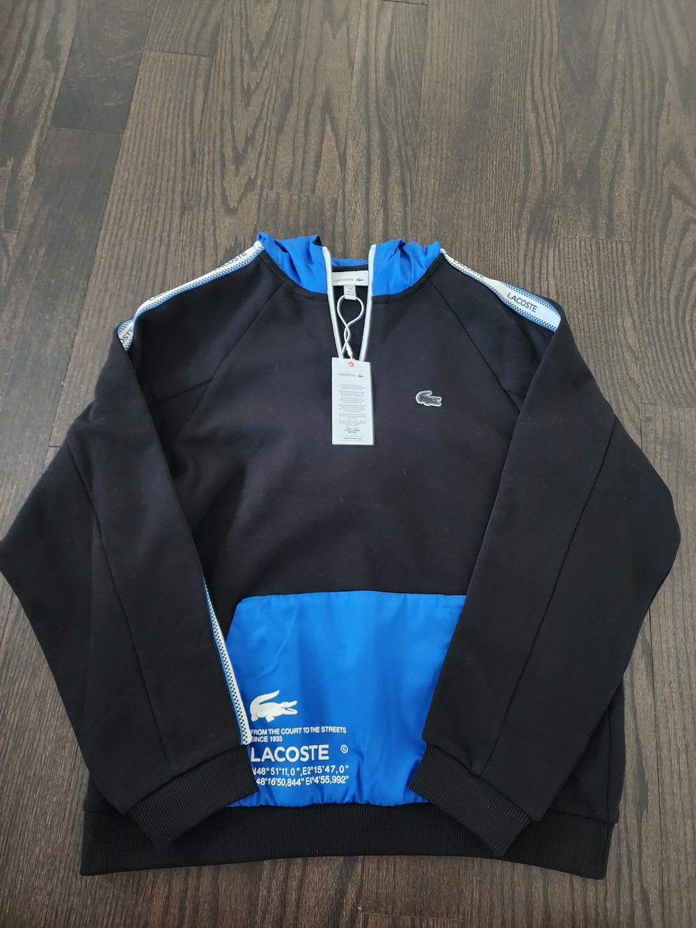 Lacoste Black and Blue Hooded Crewneck Sweatshirt
